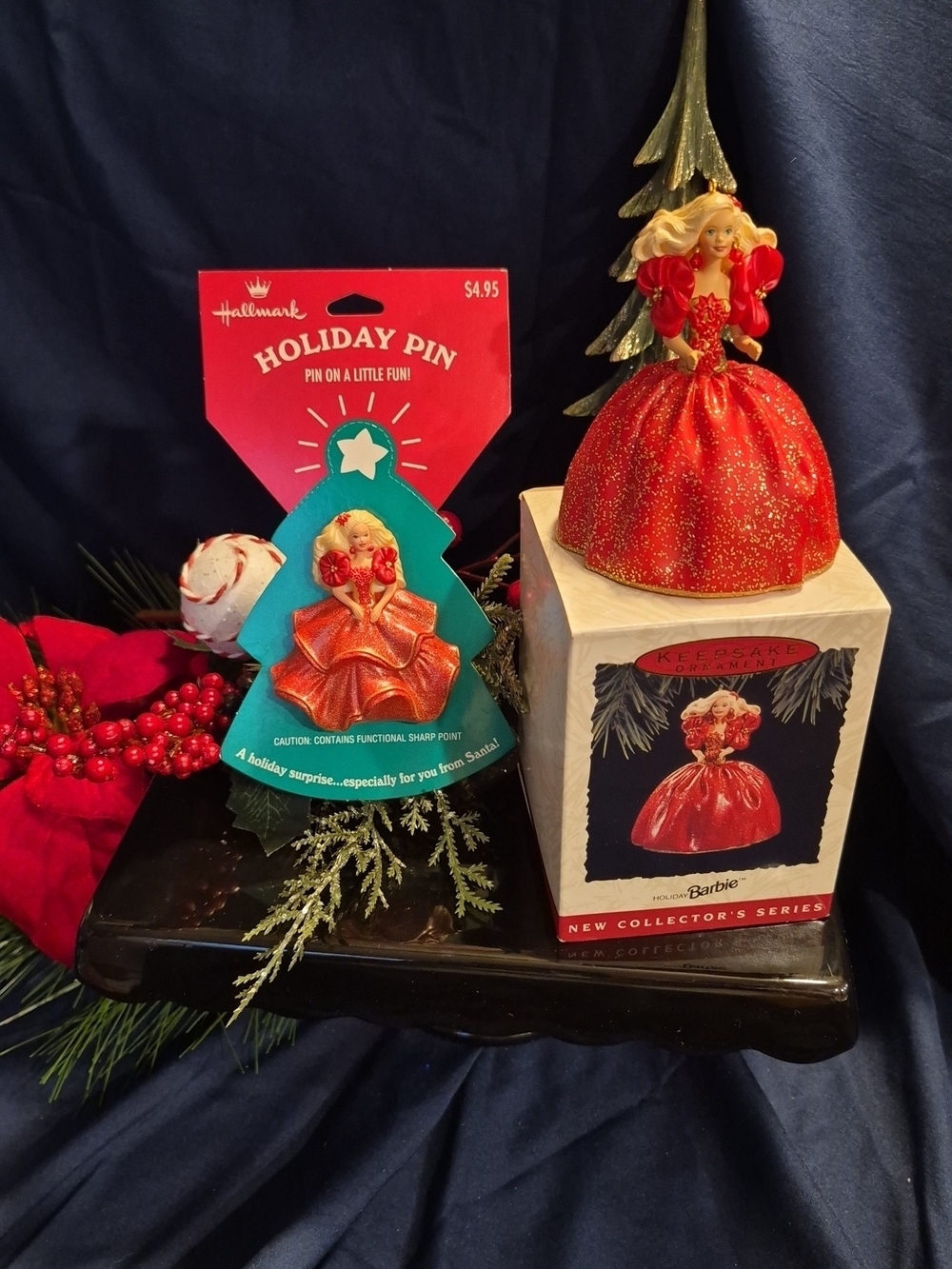 Vintage 1993 Hallmark Barbie Holiday Ornament & Pin Set - Red and Gold